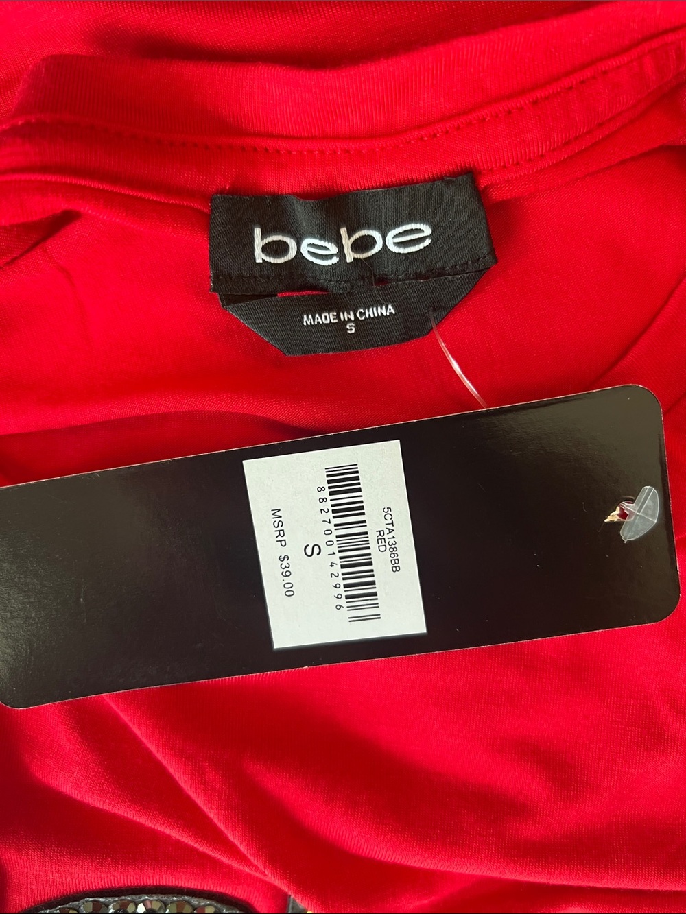 bebe Red Rhinestone Logo Short Sleeve Tee - Picture 7 of 8